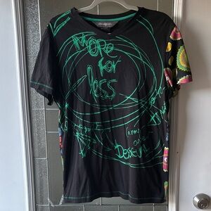 Desigual Black Tee with Green and Multicolor Graphics
